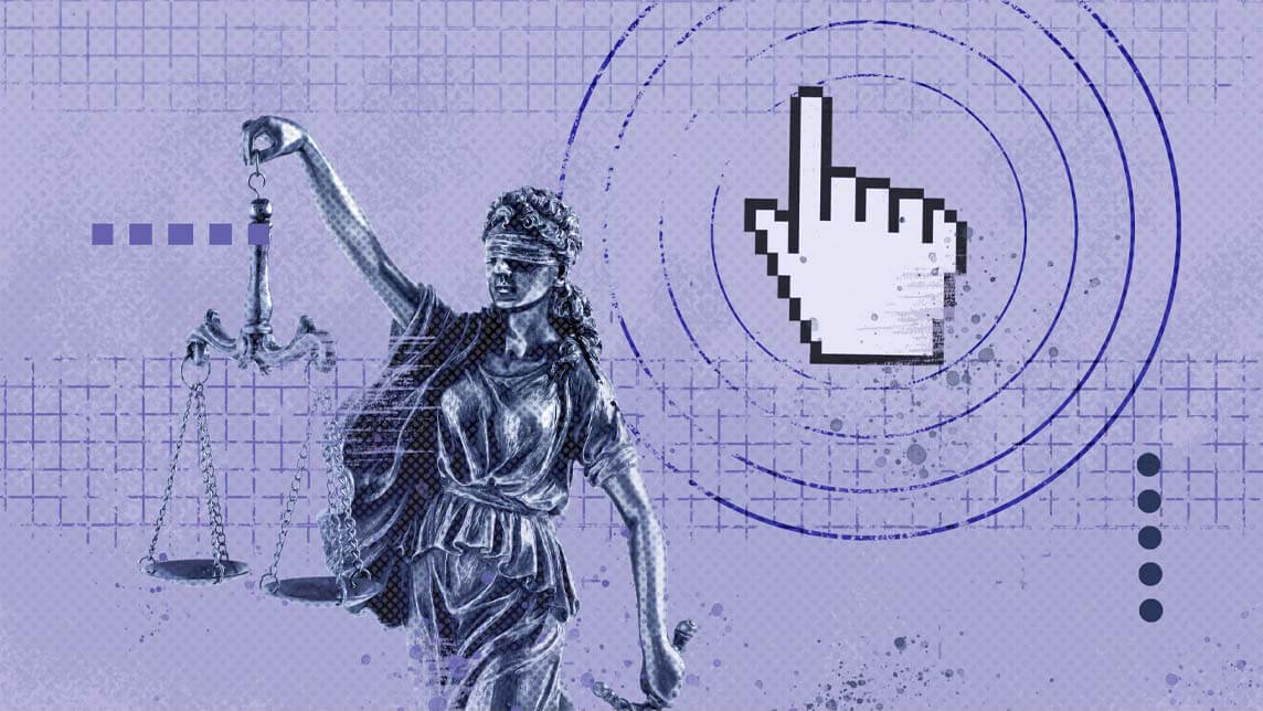 Lady Justice statue beside a pixelated cursor icon, representing the intersection of legal accountability and digital accessibility.